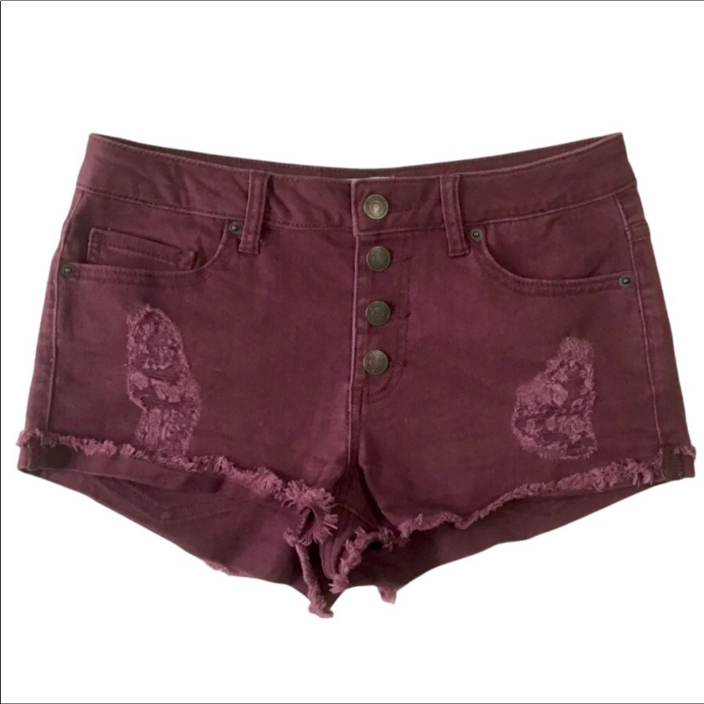 Forever 21 Distressed Frayed Raw Hem Shorts Button Closure Dark Burgundy Red